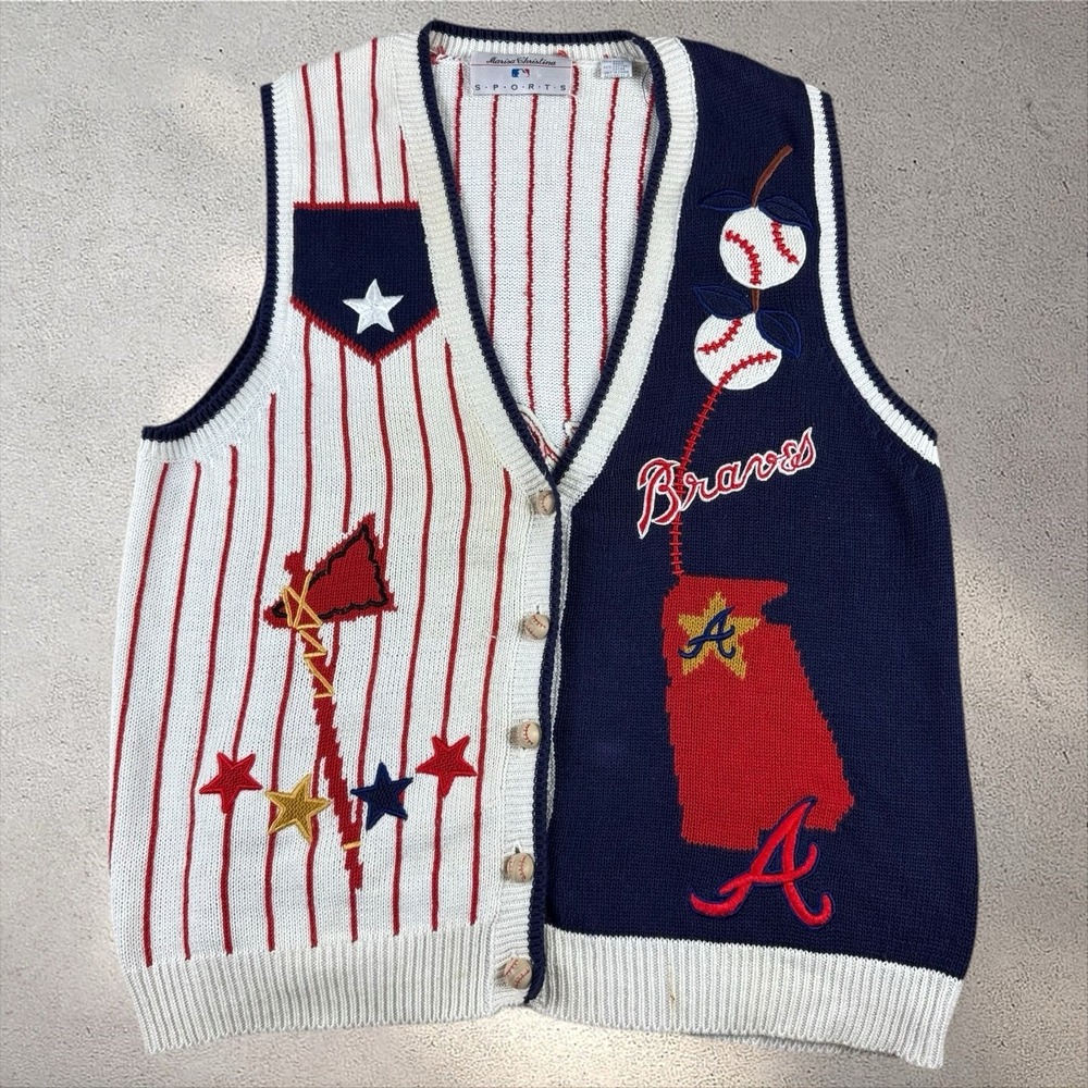 Vtg Marisa‎ Christina Sports Atlanta Braves Baseball Sweater Cardigan Vest Sz L
